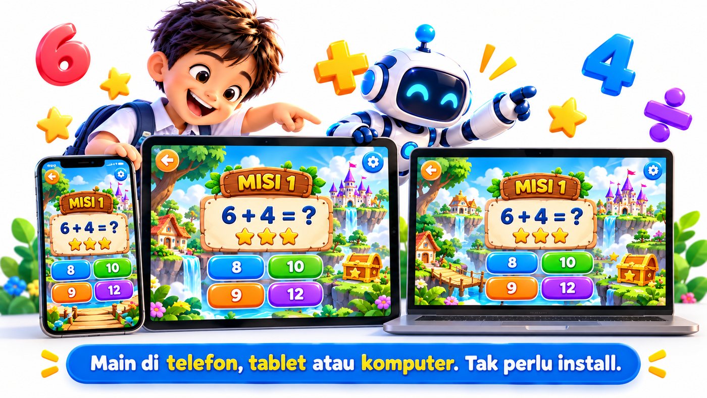 Game MathQuest dalam telefon, tablet dan komputer riba. Main di telefon, tablet atau komputer. Tak perlu install.