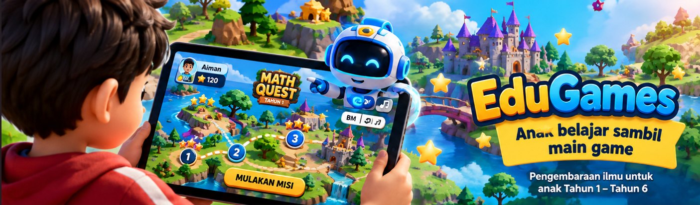 EduGames: anak belajar sambil main game. Pengembaraan ilmu untuk anak Tahun 1 hingga Tahun 6.