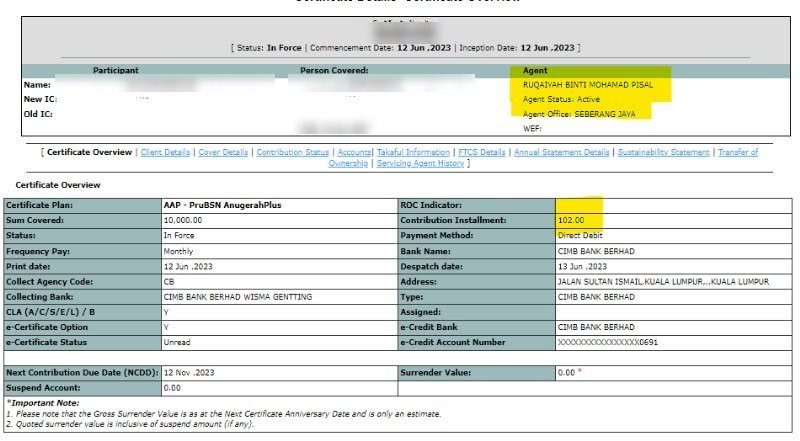 Paparan sijil PruBSN: status In Force, mula 12 Jun 2023, Contribution Installment 102.00 bulanan
