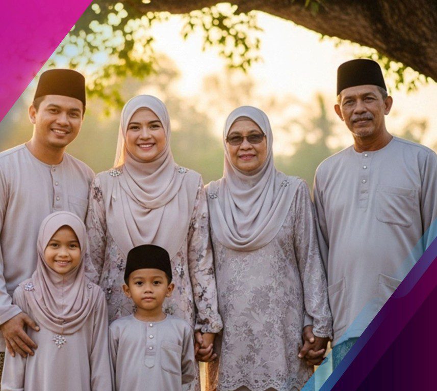 Keluarga tiga generasi berbaju Melayu tersenyum di bawah pokok ketika matahari terbenam