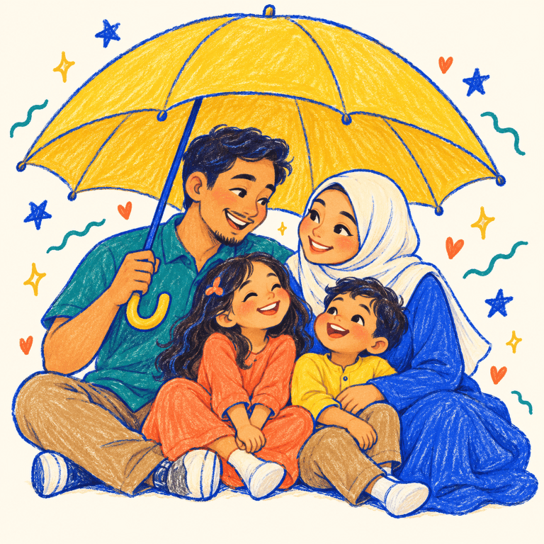 Ilustrasi santai keluarga di bawah payung kuning, melambangkan persediaan untuk orang tersayang