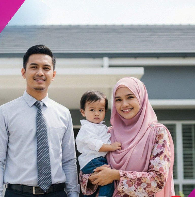 Pasangan muda bersama anak kecil di hadapan rumah dan kereta