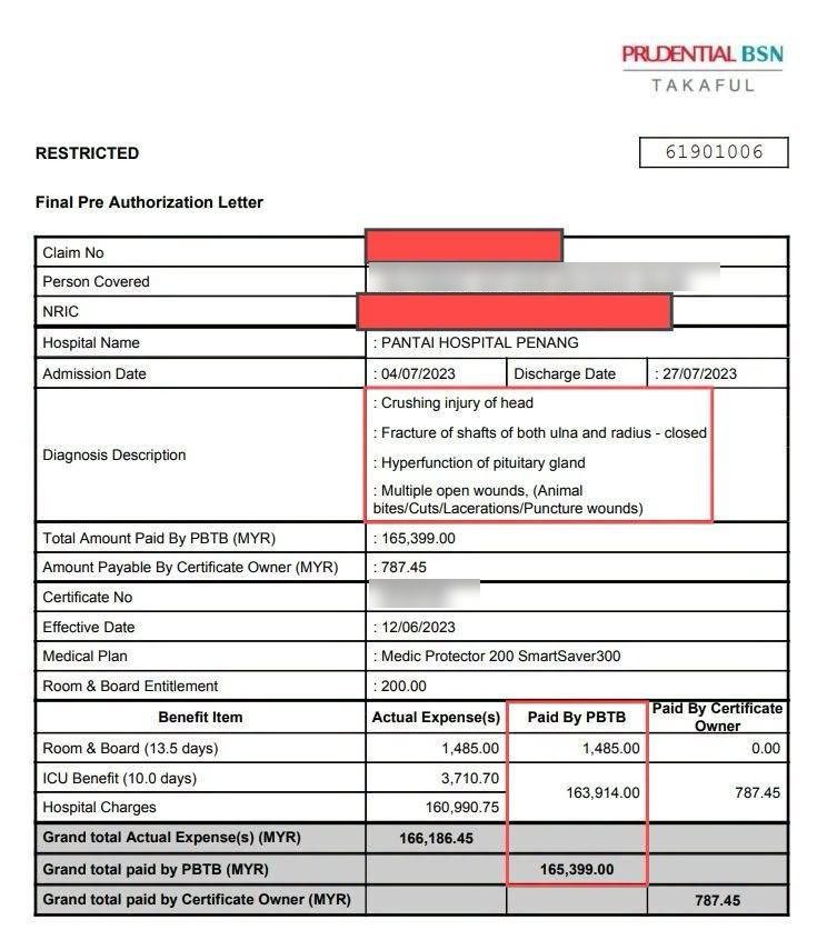 Surat Jaminan Akhir PruBSN: jumlah caj RM166,186.45, dibayar PruBSN RM165,399.00, dibayar peserta RM787.45. Nama dan nombor sijil dikaburkan.