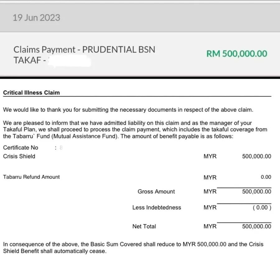 Contoh pembayaran Critical Illness RM500,000