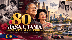 Kolaj Tun Dr Mahathir dan Tun Dr Siti Hasmah bersama mercu tanda Malaysia untuk 80 jasa utama