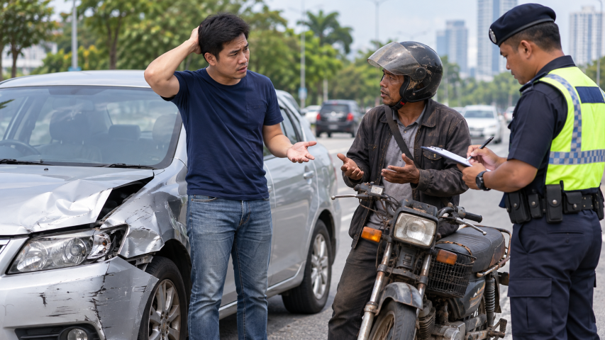 Pemandu kereta berbincang dengan penunggang motosikal dan pegawai polis selepas kemalangan