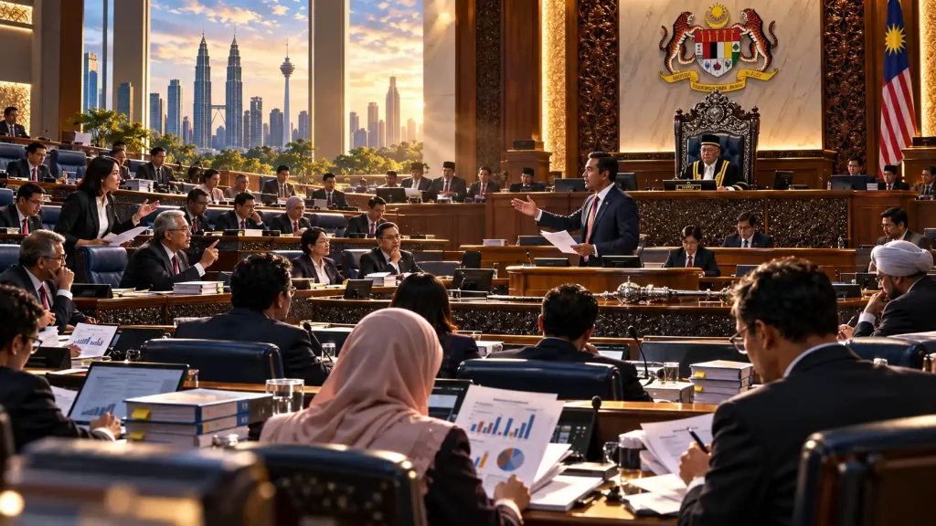 Ilustrasi ahli Parlimen membahaskan dasar dan meneliti perbelanjaan awam.