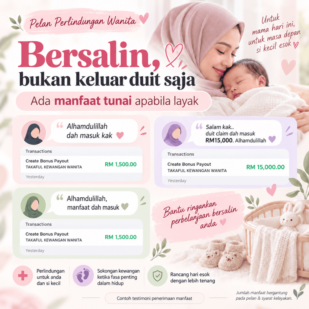 Poster pastel berkaitan kelahiran anak dan contoh ilustrasi manfaat tunai apabila layak