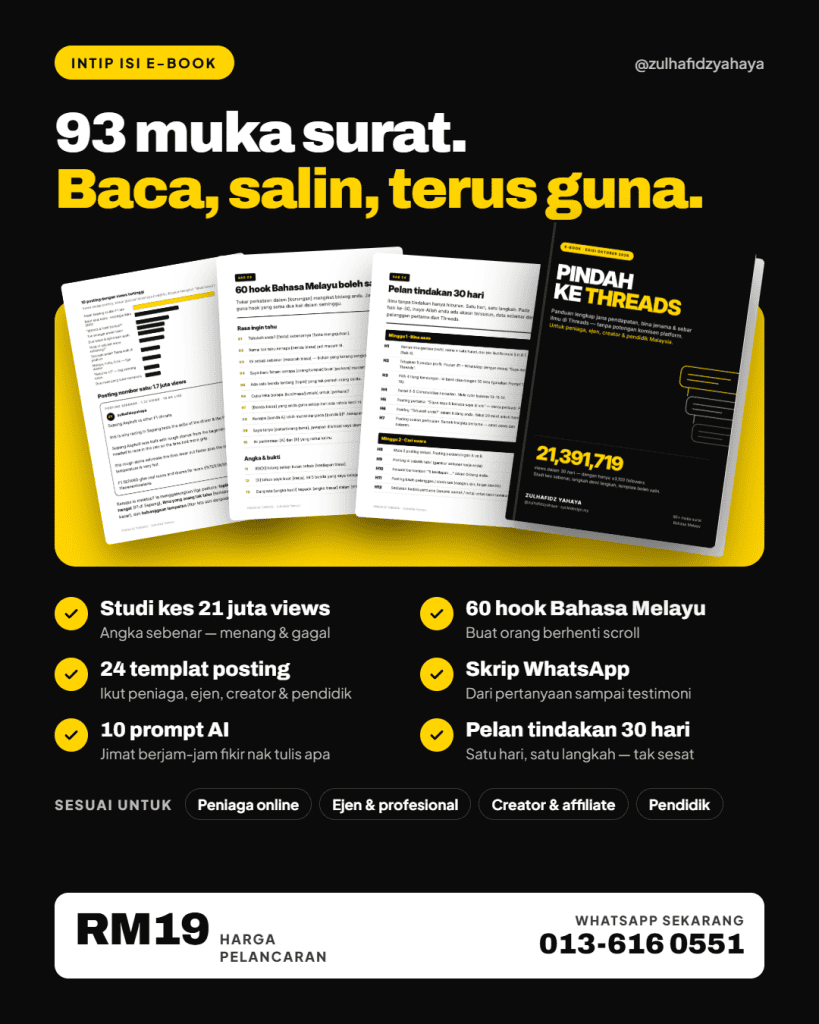 Poster: isi e-book 93 muka surat — hook, templat, prompt AI, skrip WhatsApp, pelan 30 hari