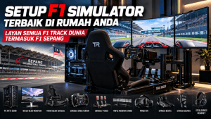 Ilustrasi setup F1 simulator di rumah dengan cockpit, stereng dan tiga monitor
