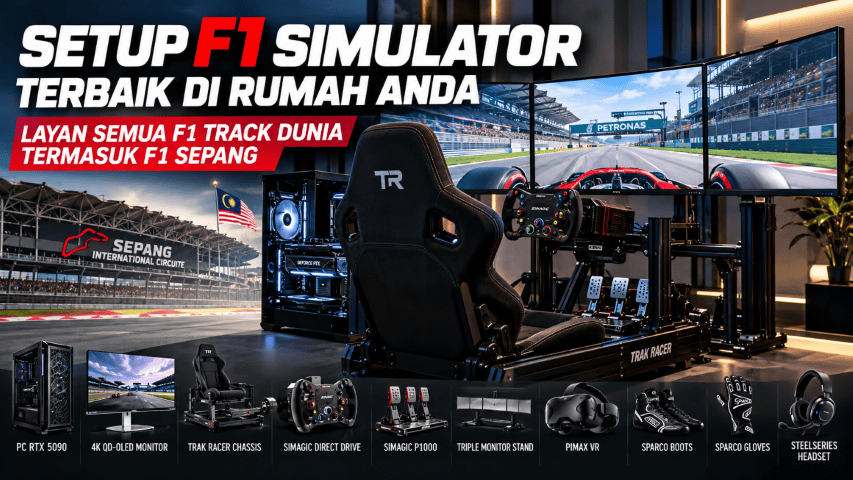 Ilustrasi setup F1 simulator di rumah dengan cockpit, stereng dan tiga monitor