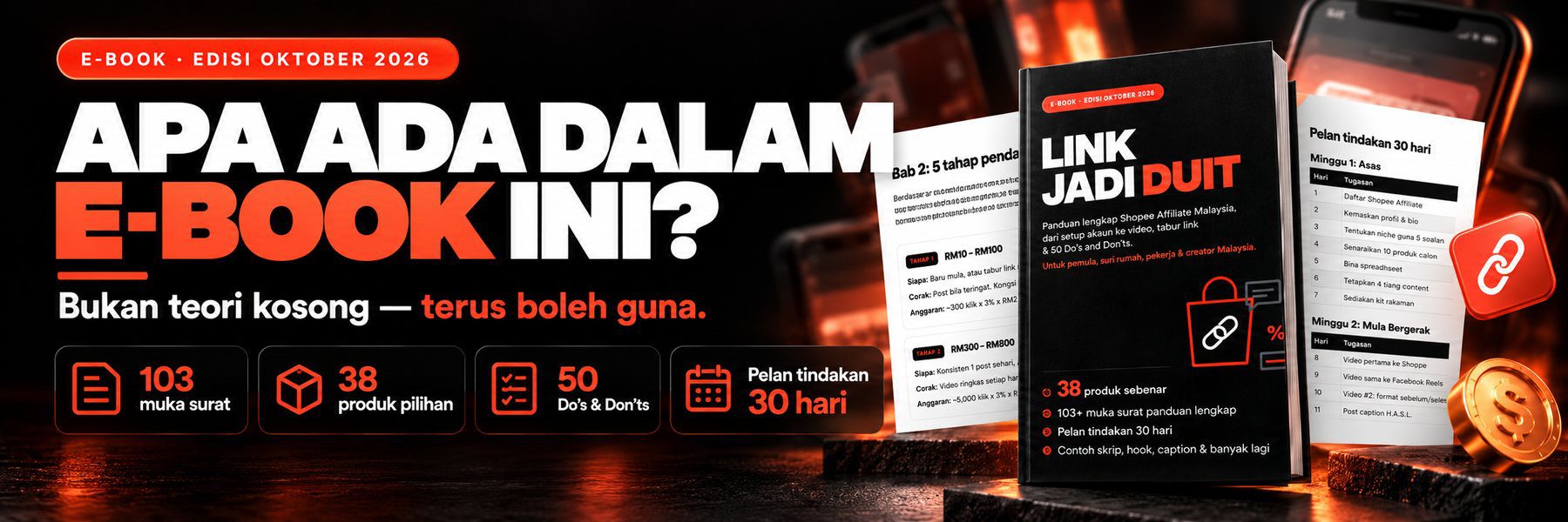 Apa ada dalam e-book Link Jadi Duit: 103 muka surat, 38 produk, 50 Do's & Don'ts, pelan 30 hari