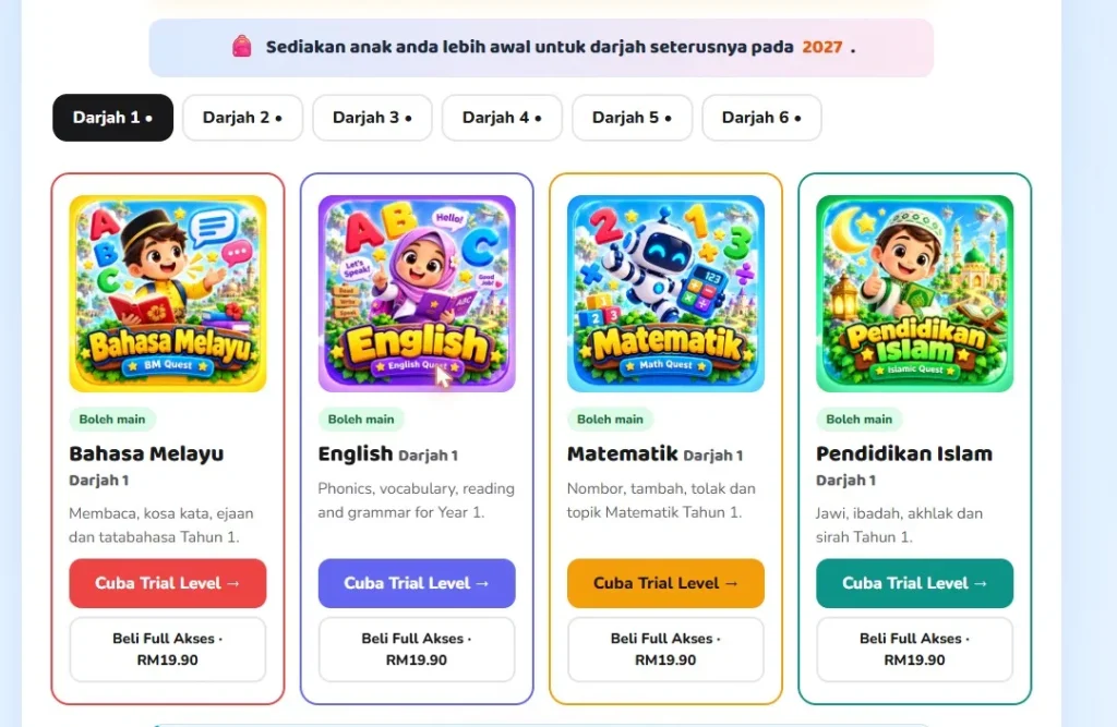 Paparan pilihan pakej dan subjek EduGames.